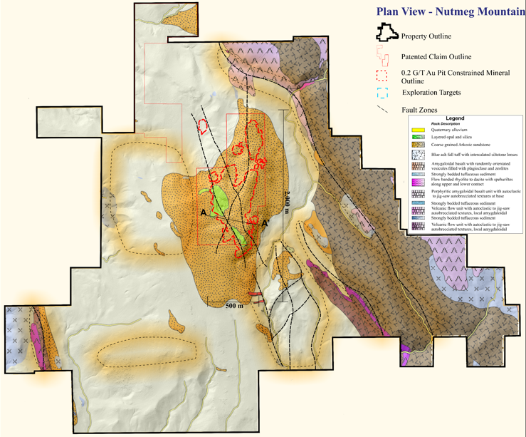 Plan view geology map of Nutmeg Mountain gold project