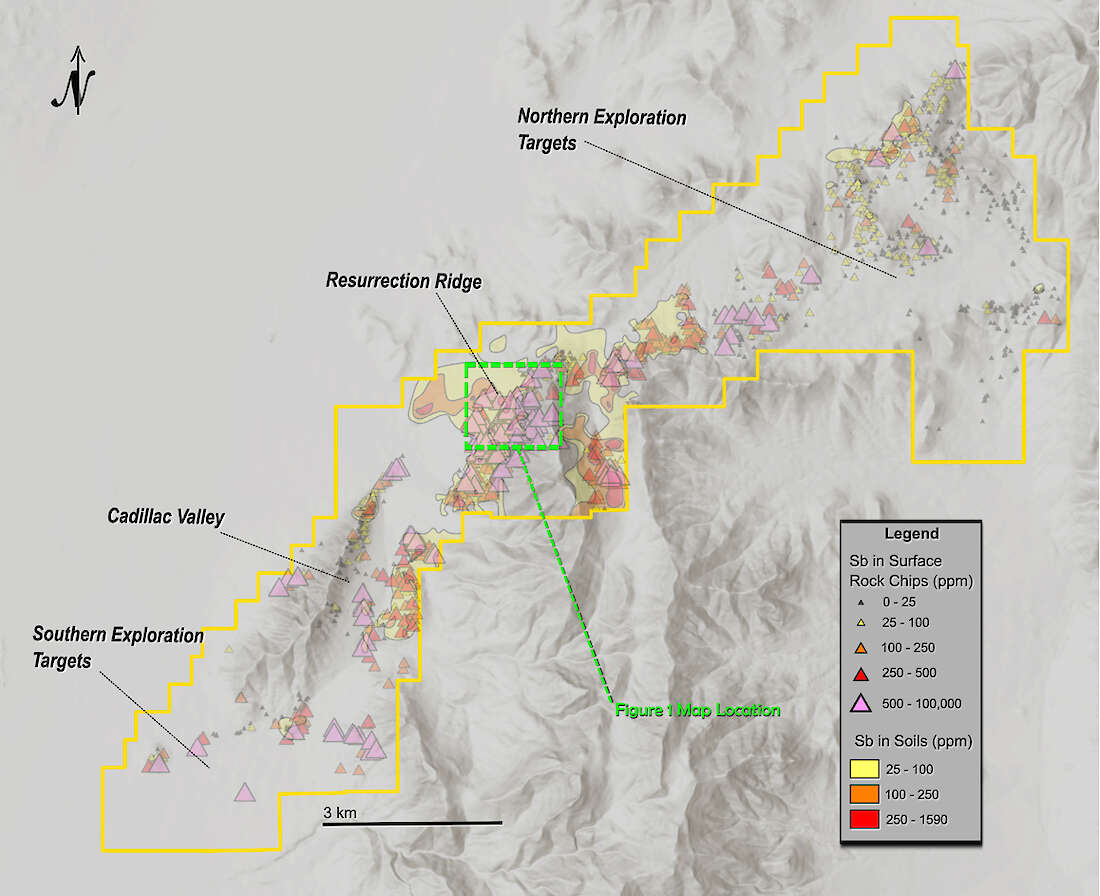 Antimony-in-soil and rock-chip map showing 10 km mineralized corridor