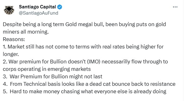 Tweet discussing bearish view on gold miners