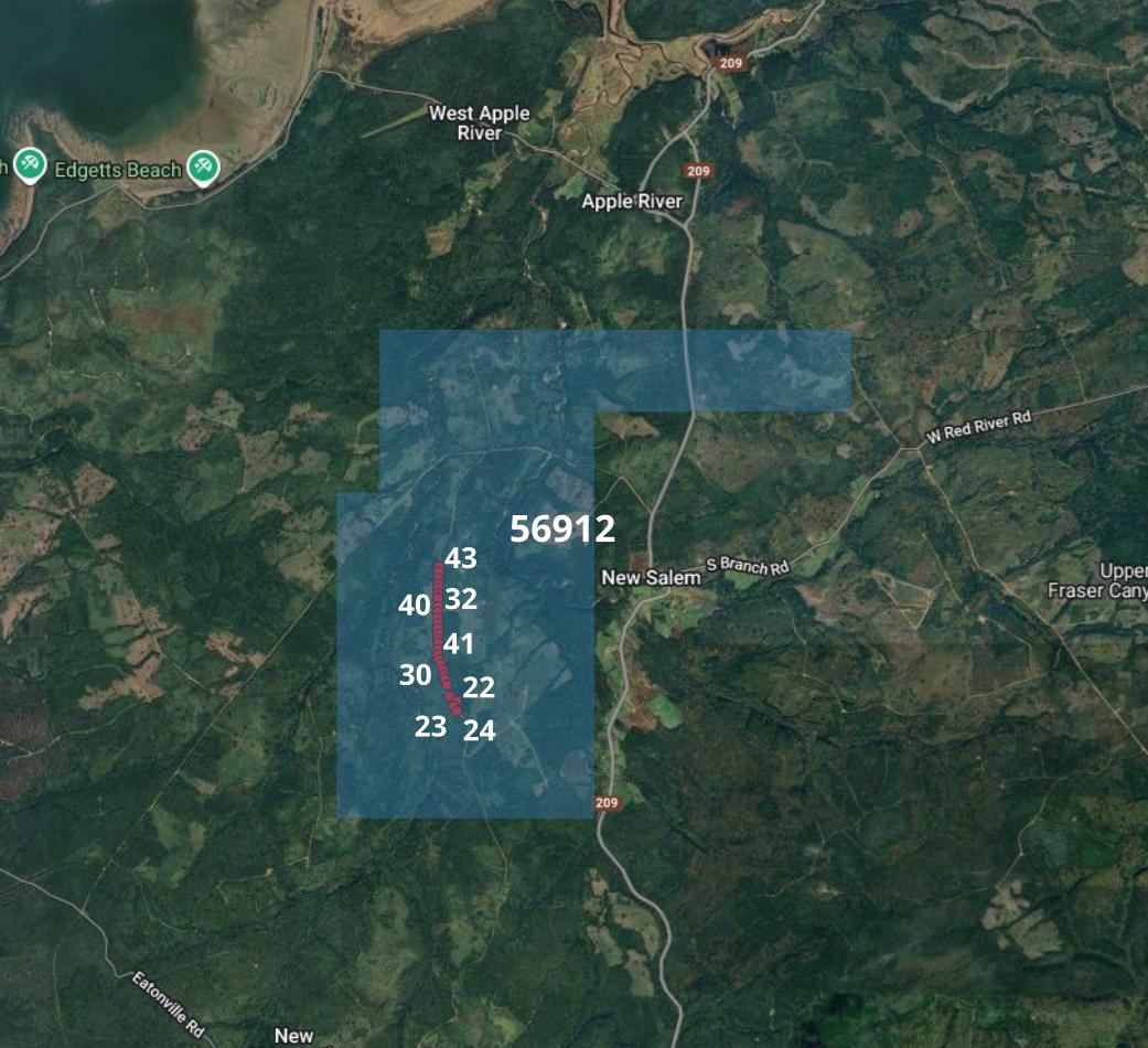 Figure 1 – Satellite base map showing Exploration License EL56912 with the November 2025 soil-gas survey traverse and sample station numbers near New Salem, Cumberland County, Nova Scotia.