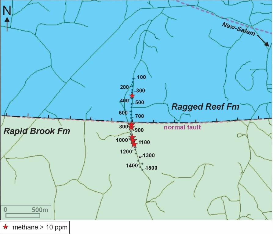 Figure 3 – Geology, normal fault, station numbers, and anomalies exceeding 10 ppm of CH₄ in the New Salem area.
