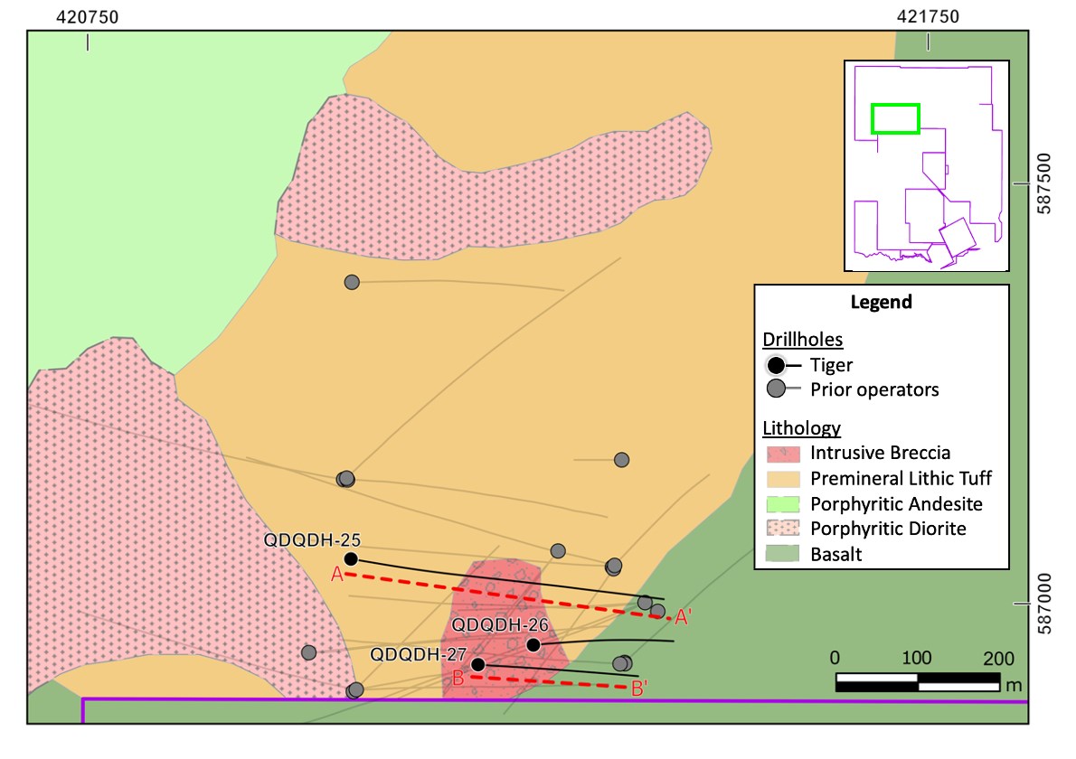Figure 1: Dos Quebradas drillhole collar and section locations plan map