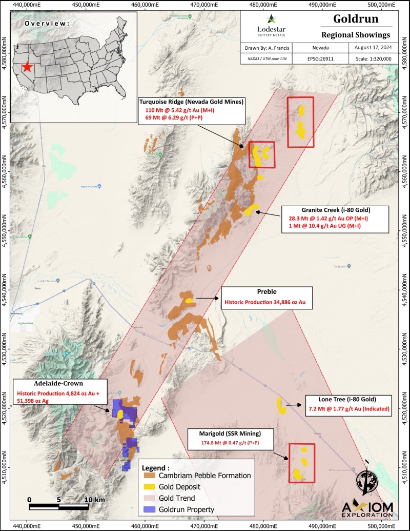 Map showing Lodestar Metals Gold Run Project and nearby Nevada gold projects
